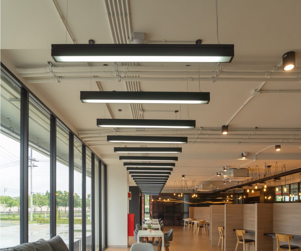 LED lighting upgrade: new LED battens replacing legacy fittings in a commercial space