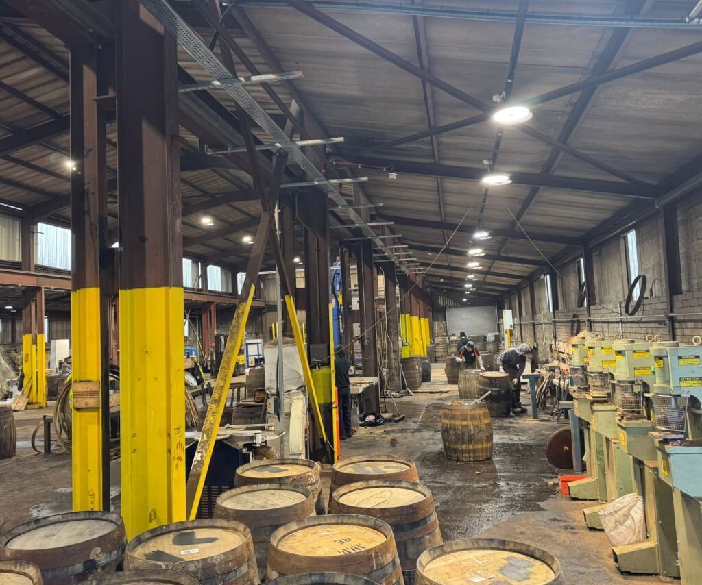 Workshop high bay lighting over industrial work area, improved safety and visibility