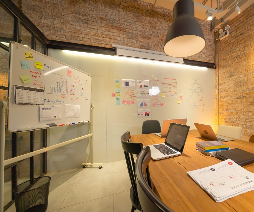 Meeting room LED lighting with pendant fitting, comfortable light for presentations and video calls