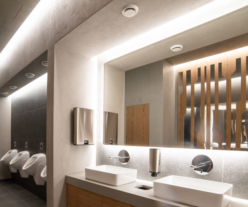 Toilet and washroom LED lighting, low maintenance fittings and safe routes